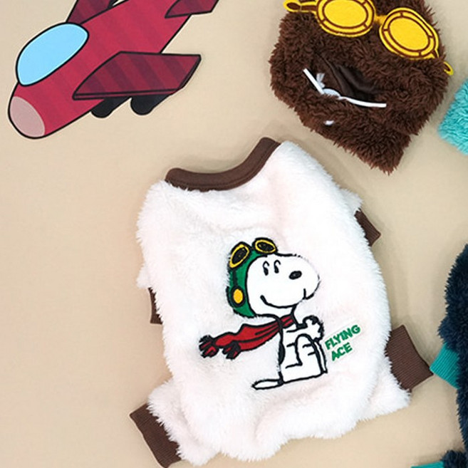 피너츠 강아지 패리스독 플라잉 후리스 올인원 + 모자 세트, 화이트, 1세트