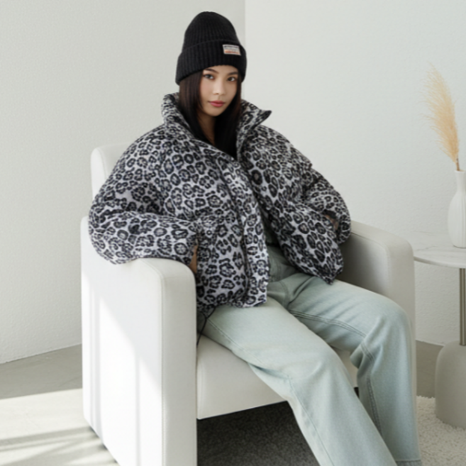 사라포유 호피무늬 후드 패딩 점퍼 루즈핏 집업자켓