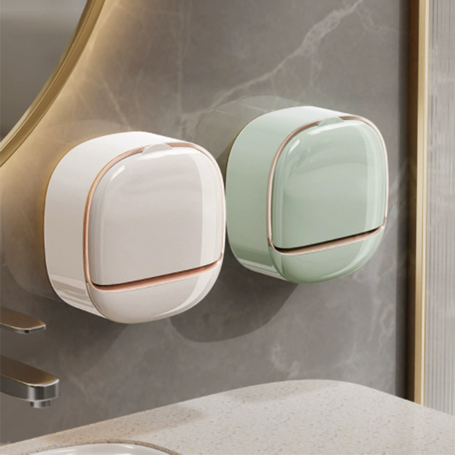 1+1욕실 주방벽걸이 부착식 무타공 비누 보관함 케이스, 화이트+연그린, 1개