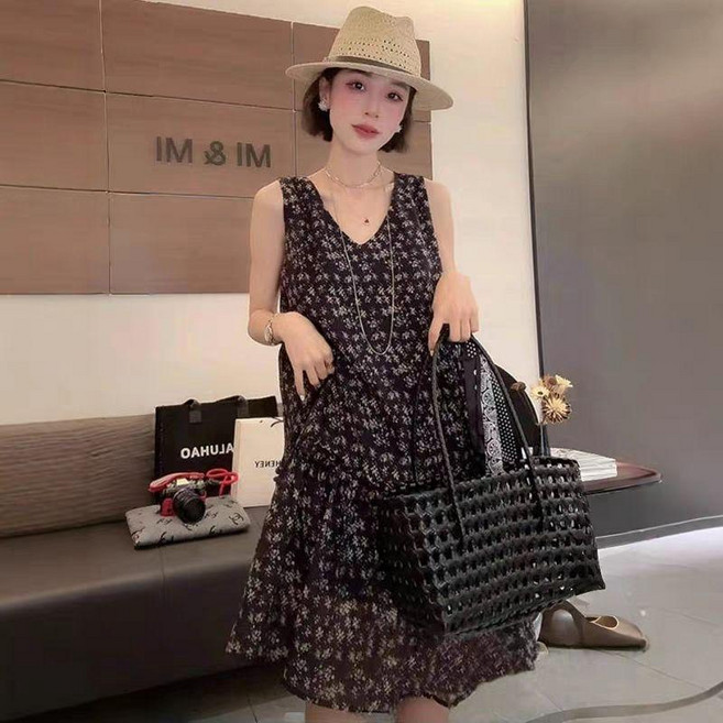 無袖碎花連衣裙, 無袖碎花連衣裙,2XL 建議62.5-67.5公斤