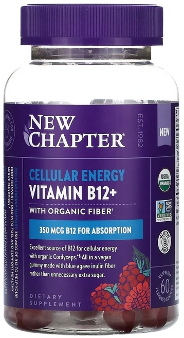 뉴챕터 셀룰러 에너지 비타민 B12+ 라즈베리 350 mcg 60 플레이버 구미, 1개, 1개, 60정 - 쿠팡