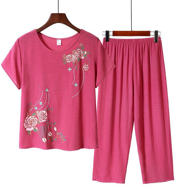 媽媽裝棉麻兩件式家居服套裝 寬鬆透氣舒適七分褲 夏裝 中年女裝