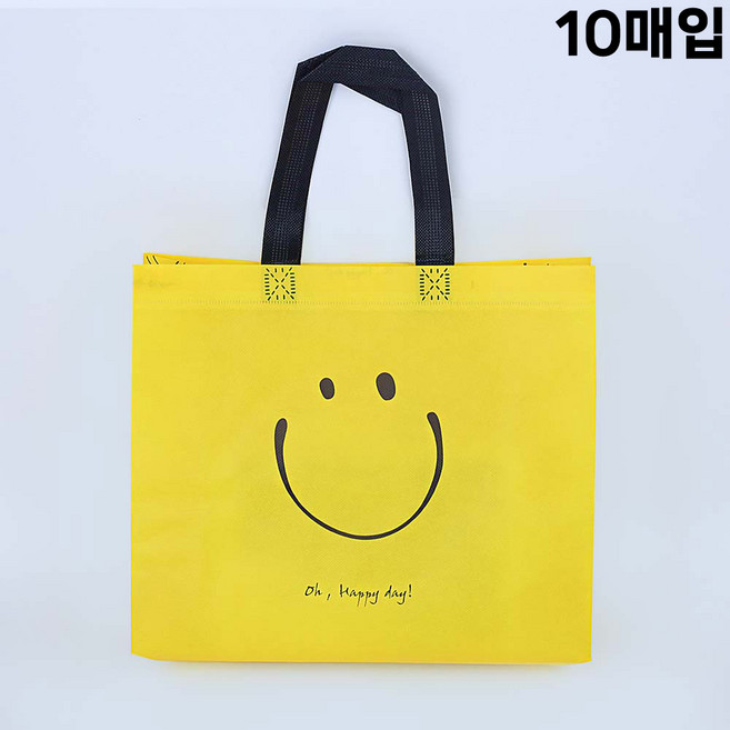 세모쇼핑백 스마일 부직포가방 선물용 부직포쇼핑백 답례품가방, 10세트, 옐로우