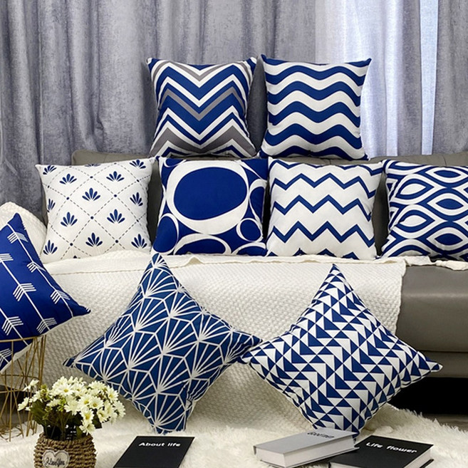 블루패턴 쇼파쿠션 인테리어쿠션커버 의자등받이용 홈카페분위기 소품 40 45 50