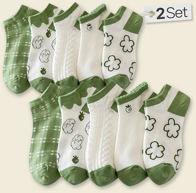 쿠밍 여성용 패션 데일리 코디 포인트 단목 발목 양말 10켤레 옐로우 그린 세트