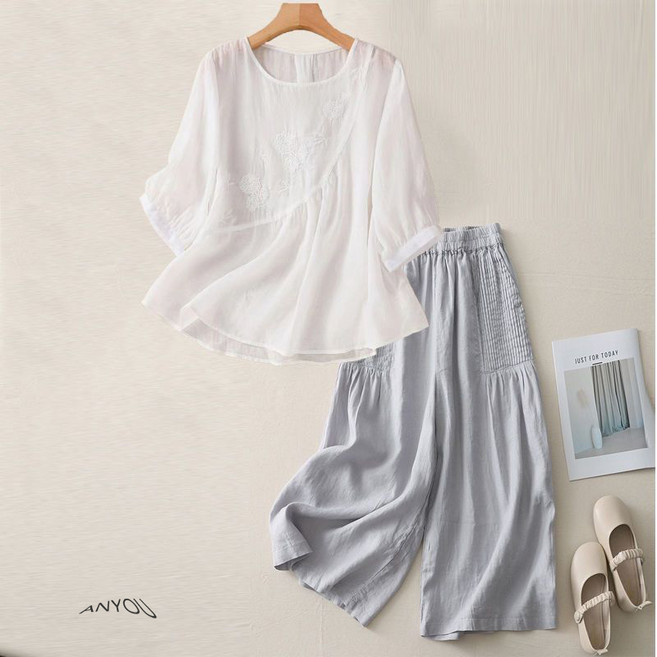 ANYOU 여름 투피스 슬림핏 패션 면마 세트 린넨 와이드 팬츠 면마 자수 여 세트