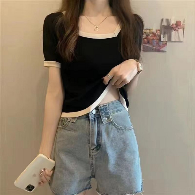 해피유통 여성 빅사이즈 캐주얼 스퀘어넥 반팔 티 패션 상의jhXYN