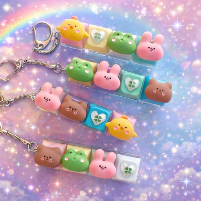 LED 4구 키캡 개구리 곰돌이 행운의 클로버 토끼 키캡 키링 불빛 딸깍이, 1개, 랜덤