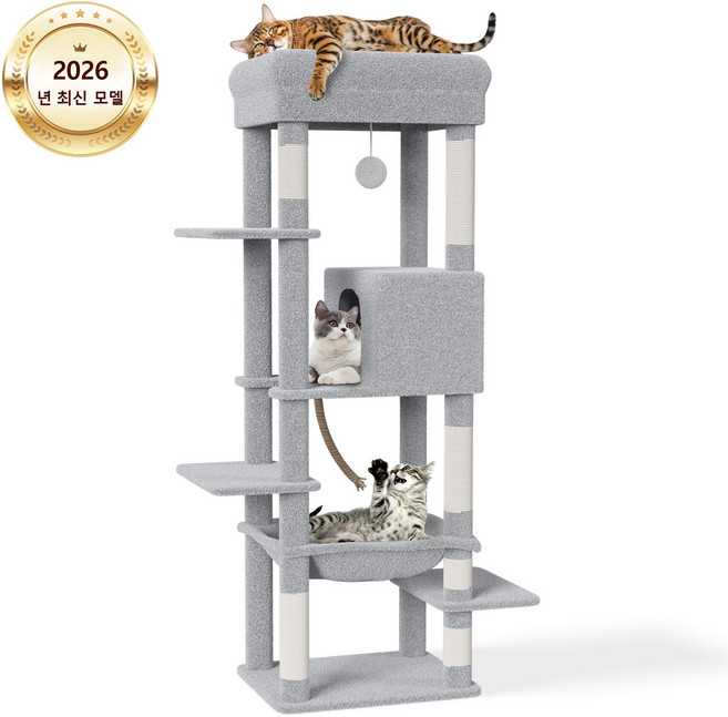 2026 업그레이드 고양이 타워 해먹 캣하우스 대형 고양이용 스크래처 다묘 가족용 캣타워 세련되고 귀여운 디자인 높은 안정성 운동 부족 해소 높이 약 150cm 한국어 설명서 포함, 회색, 1개