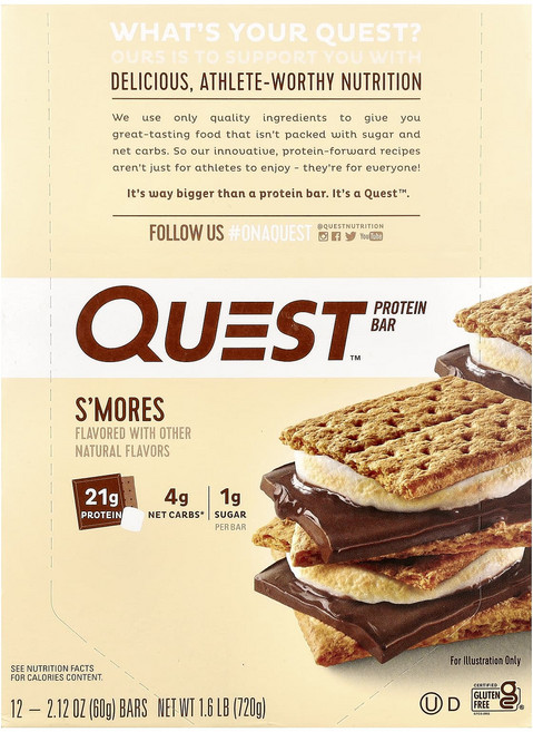 퀘스트 뉴트리션 프로틴 21g 단백질바 초콜릿 스모어 12개, 720g, 1개