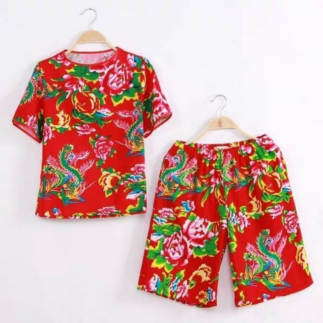 東北大花布 短袖短褲套裝 搞怪民族風