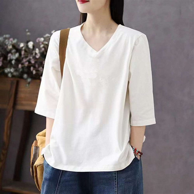 여성 봄여름 심플한 디자인 브이넥 칠부 소매 티셔츠 편안한 면 소재 Z10