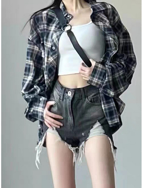 慵懶風復古長袖格子上衣女寬鬆休閒設計感氣質上衣
