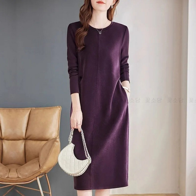 꽃소담 중년여성 봄가을 라운드넥 무지 긴팔 미디 원피스 하객룩 엄마 치마 MAL26A1238