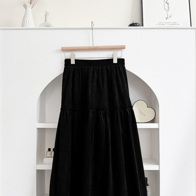燈芯絨拼接木耳邊蛋糕長裙 鬆緊長裙 A字裙 半身裙 韓系 秋冬穿搭