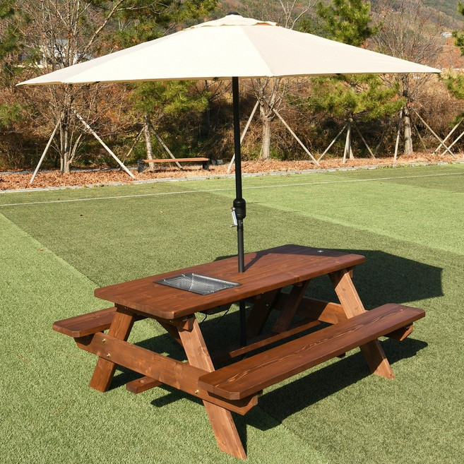 엉클트리 100% 통원목 바베큐그릴 일체형 야외 테이블 (강력 볼트체결 구조), 일체형[바베큐형] 무도색 8인용