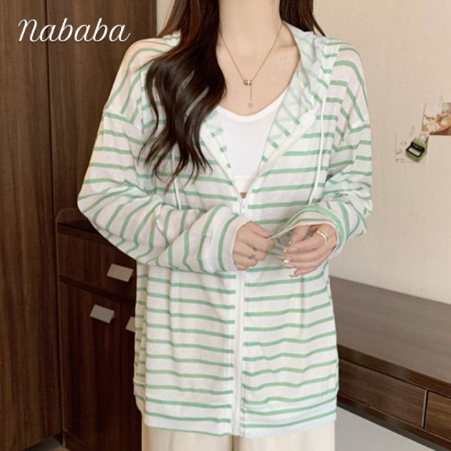 나바바 NC382 여성 쿨썸머 스트라이프 얇은 긴팔 후드 집업