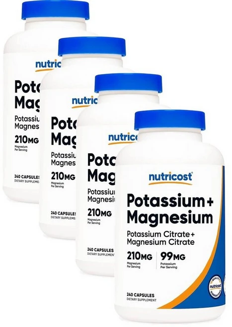 뉴트리코스트 칼륨 99mg 마그네슘 210mg 시트레이트 캡슐 Nutricost Potassium Magnesium Citrates, 4개, 240정 - 쿠팡