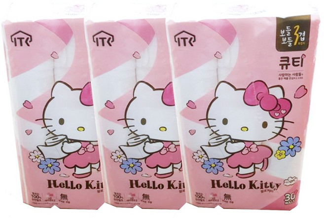 헬로키티 데코 큐티 천연 펄프 3겹 롤 화장지, 27m, 30개입, 3개