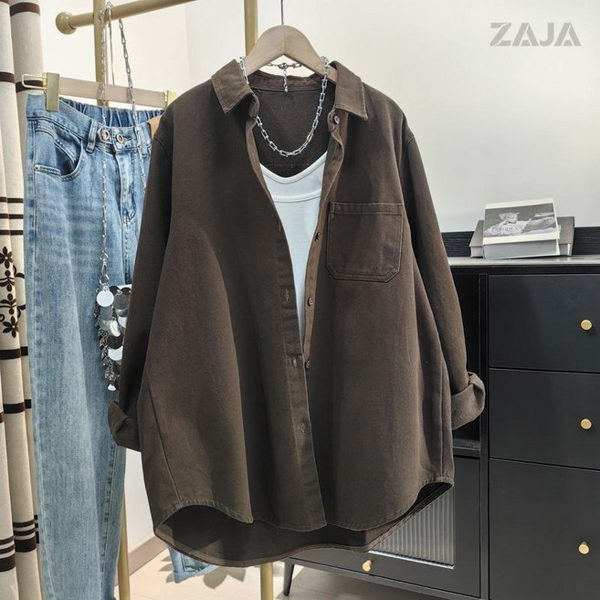 ZAJA 여성 봄가을 면 긴팔 루즈핏 셔츠