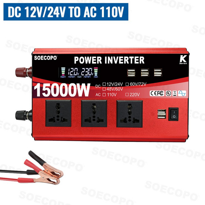 6000W-30000W 스마트 인버터 DC 12V/24V에서 AC 110V 60Hz로 변환하는 자동차 전압 변환기 솔라광 가정용 캠핑 휴대용 전력 변압기, [11] 12V To 110V(15000W)