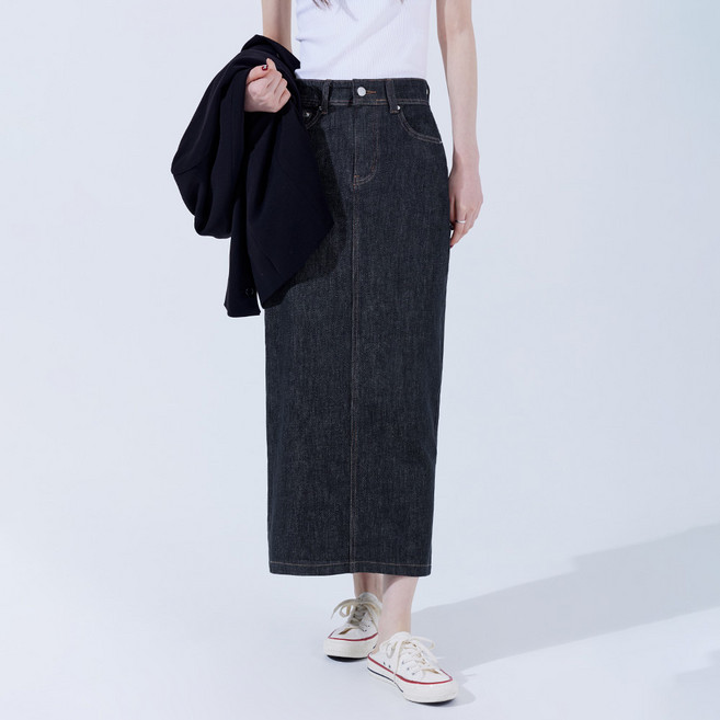 기장선택 논페이드 생지 데님 트임 롱 스커트 (KD060)