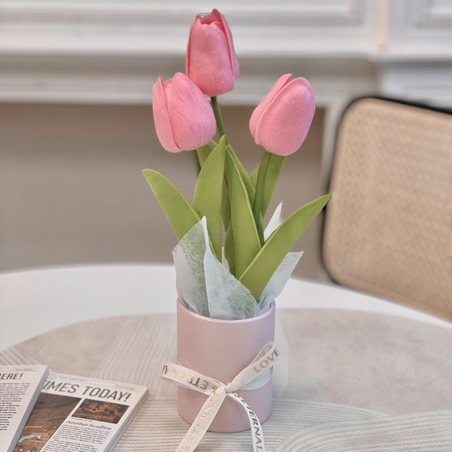 有感選物 韓風仿真鬱金香盆栽禮盒 居家擺飾 佳節贈禮 粉色, 1個
