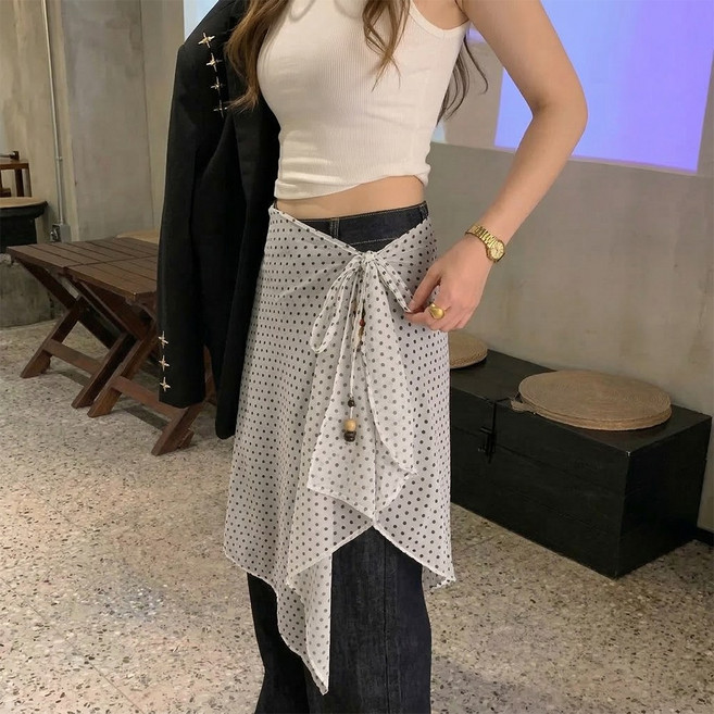 여성 레이어드 도트 랩 스커트 핀턱 셔링 비즈 스트랩 미니 스커트 땡땡이 덧치마 팬츠 레이스 레이어드 룩 쉬폰 포인트