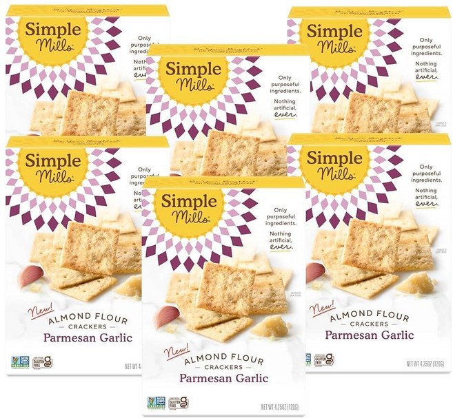 Simple Mills 아몬드 밀가루 크래커 파마산 마늘 글루텐 프리 아마씨 해바라기 씨앗 옥수수 간식에 적합 전체 식품으로 제작 (6팩)131996, Simple Mills 아몬드 밀가루 크래커, 파마산