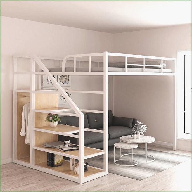 성인용 철제 2층 벙커침대 공간 다기능 분리형 프레임 튼튼한 조립식 침대 원룸 기숙사 적합, 맞춤 제작, 화이트 왼쪽 계단 (옷장 포함)