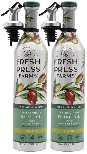 Fresh Press Farms 냉압착 하이 폴리페놀 퓨어 골드 엑스트라 버진 올리브 오일 500ml16.4온스 2팩 조지아 재배 100% 미국산 비정제 Whole30, 클래식, 1) 클래식, 485ml