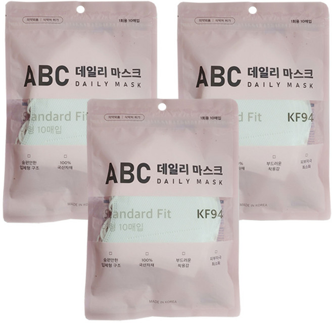 ABC 데일리 마스크 KF94 대형, 10개입, 3개, 흰색