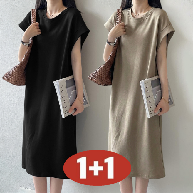 2026 여성 여름 빅사이즈 1+1 특가상품 데일리룩 날씬해보이는 미디티 길이 라운드넥 단색 A라인 반팔 원피스