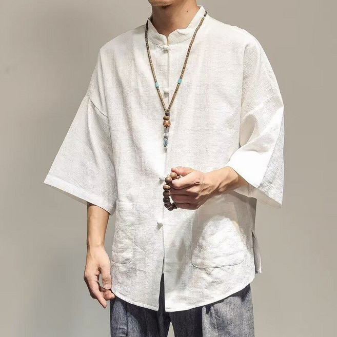 男士棉麻中山領七分袖上衣