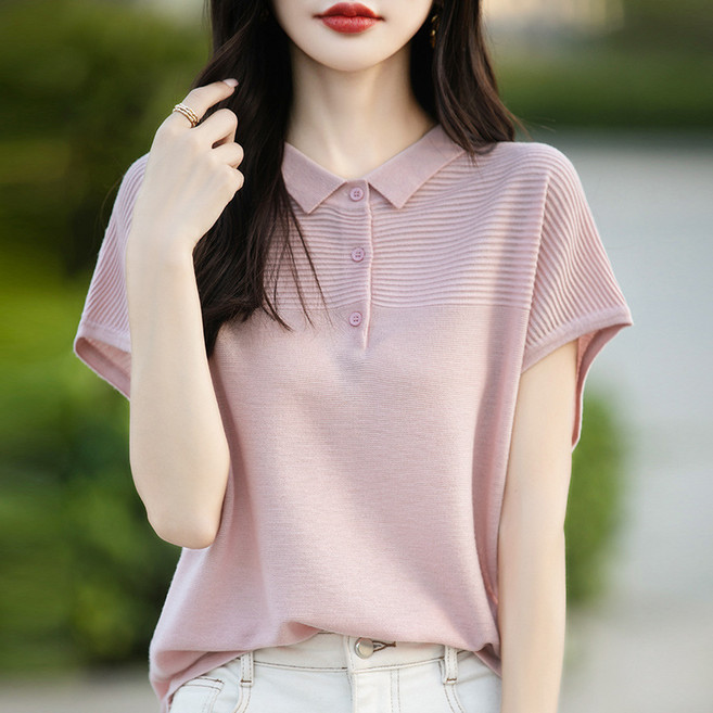 NEW 쿨 여성 폴로 니트티/데일리 캐주얼 단가라 카라티/풀오버 니트/여름 루즈핏 니트반팔 티셔츠