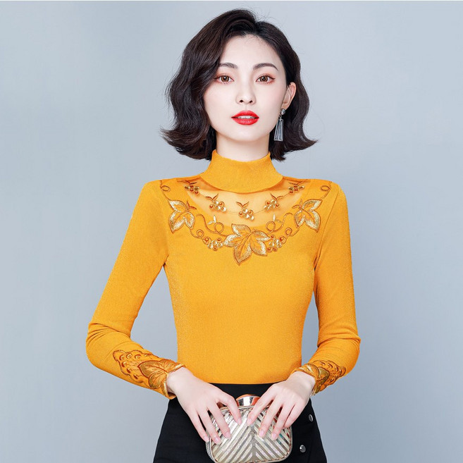 댄스복 상의 라인댄스복 스포츠댄스 여성용 레이스 자수 긴팔 망사 스판 티셔츠 뉴타임즈F905 Women's T-shirt