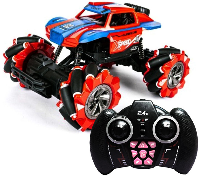 더뮤직 / 1:14 오프로드 4륜 댄스 드리프트 레드블루 RC카 LED라이트 뮤직 360도 회전 미니카 모델카 경기용 무선조종 자동차 리모콘RC 선물 생일 완구 장난감 취미, 1개