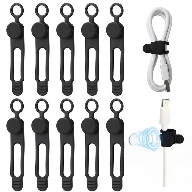 Geelin 10팩 마그네틱 실리콘 케이블 타이 벌크 재사용 가능한 정리함 스트랩 코드 관리용 와이어 USB 케이블용 헤드폰 충전기 커튼 타월 스트랩(그레이) 314359 89, 블랙