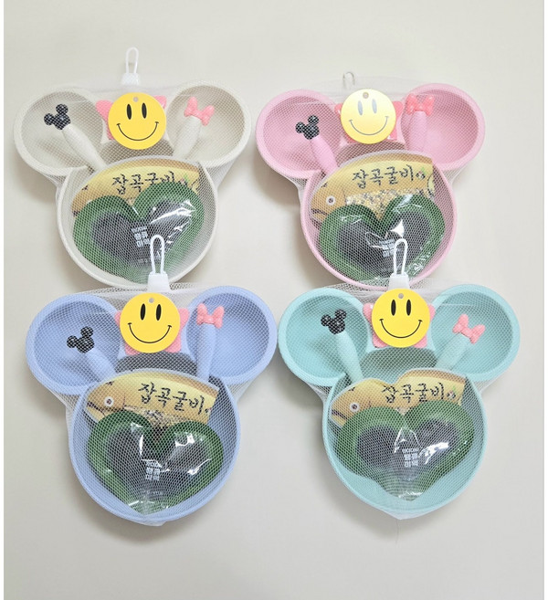 유아미키식기세트 잡곡굴비 하트미역 구디백 세트(핑크/블루/그린/베이지)(화이트/블랙), 1세트, 스마일, 파스텔색상 세트