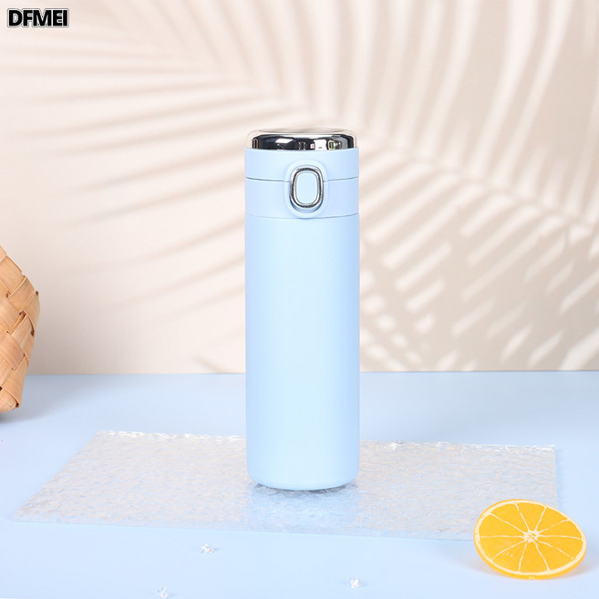 DFMEI 304不鏽鋼彈跳蓋豌豆杯迷你雙層真空智能保溫杯水杯, 1個, 1L, 淺藍色(智能顯溫款):420ML