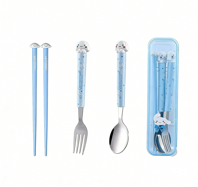 밀크카 산리오 시나모롤 귀여운 숟가락 젖가락포크 세트 녹슬지 않는 미끄럼 방지 휴대용수저, 1세트, 슈트