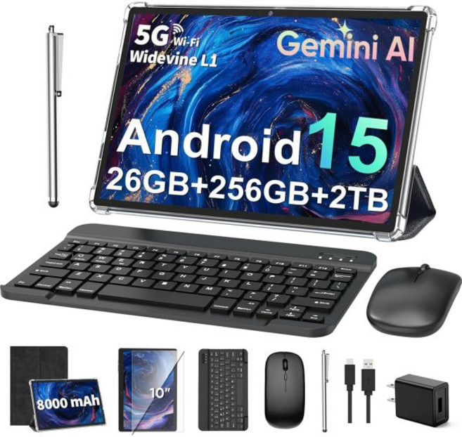 2026 10 키보드 태블릿 안드로이드 15 제미니 AI 24GB+256GB+2TB 확장 8코어 WiFi 8000mAh GMS GPS 전자 PC 마우스 케이스 스타일러스블랙 포함, Black