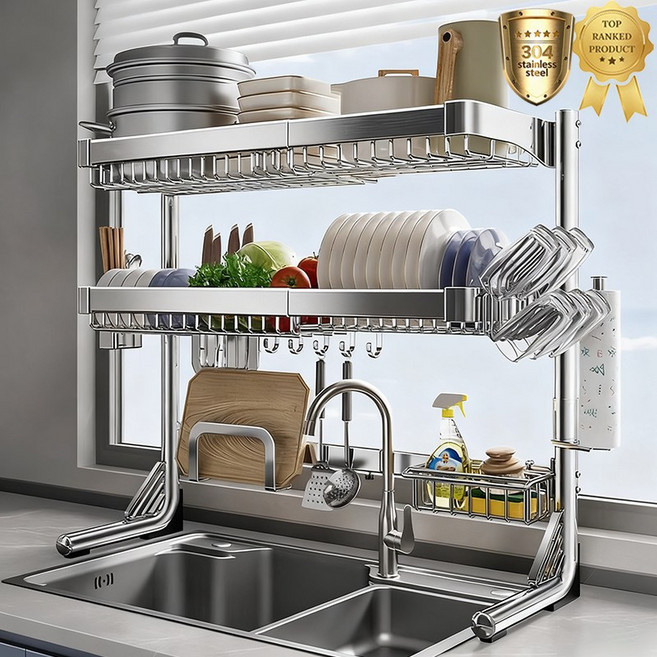 쟈오시 304 스텐 기둥식 식기건조대 확장형 폭조절 가능 무타공 싱크 선반, 1개, 올인원 모듈, 2단