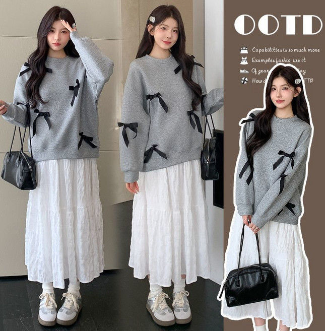 임산부 투피스 치마 세트 봄 가을 캐주얼 스타일 리본 장식 루즈핏 맨투맨 롱 스커트 세트 JS