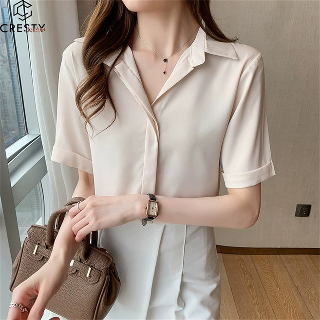 크레스티 단아한 카라 여성 링클프리 셔츠 싱글새틴 소프트터치 반팔 블라우스