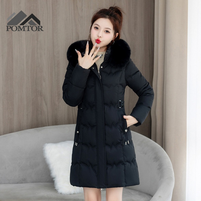 POMTOR 빅사이즈 여성 퍼카라 후드 집업 슬림핏 패딩 롱패딩 여자 점퍼 코트