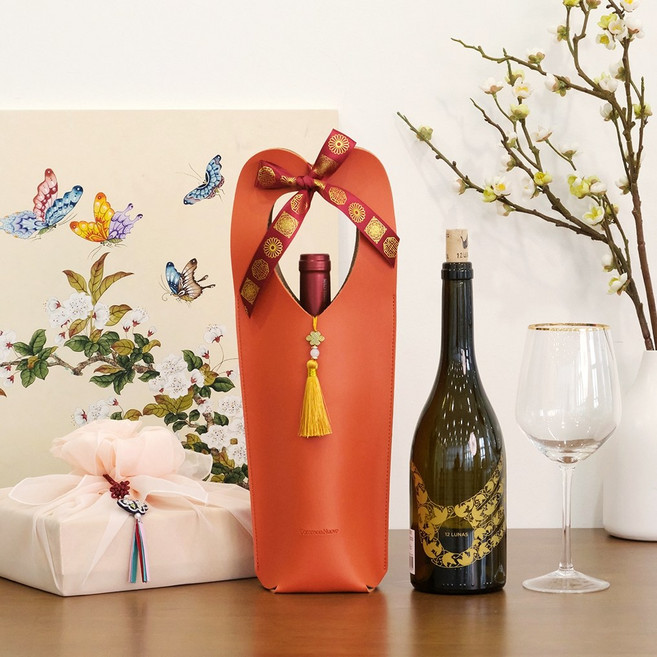 가죽 와인캐리어 명절 설날 선물 설 와인 선물 술 포장 가방, 1개, 탠저린 오렌지