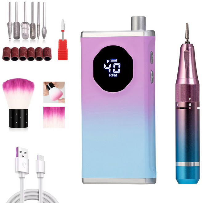 KUKEE [국내발송] 네일드릴기 전동 네일 머신 손톱 관리기 무소음 0-40000rpm 속도 조절 홈케어 젤네일드릴 전문 폴리셔, 1개, 퍼플