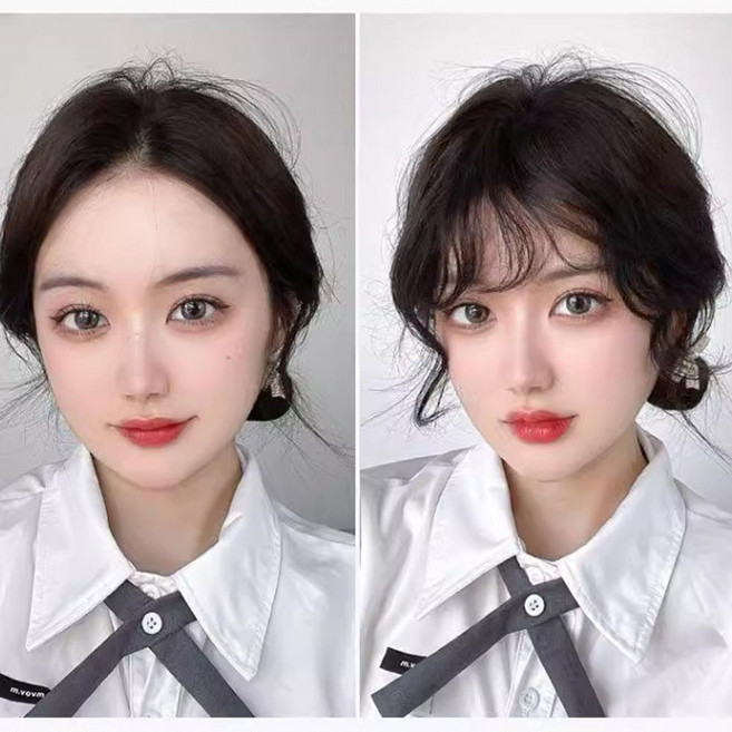 1+1 S컬 웨이브 앞머리 가발 헤어피스 베이비펌 부분가발 펌 시스루뱅 붙임머리 곱슬, 1개, 내추럴브라운+다크브라운