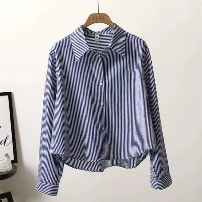 TKX 여성용 데일리룩 스트라이프 긴팔 면 셔츠 캐주얼 오버핏 이너티 출근룩